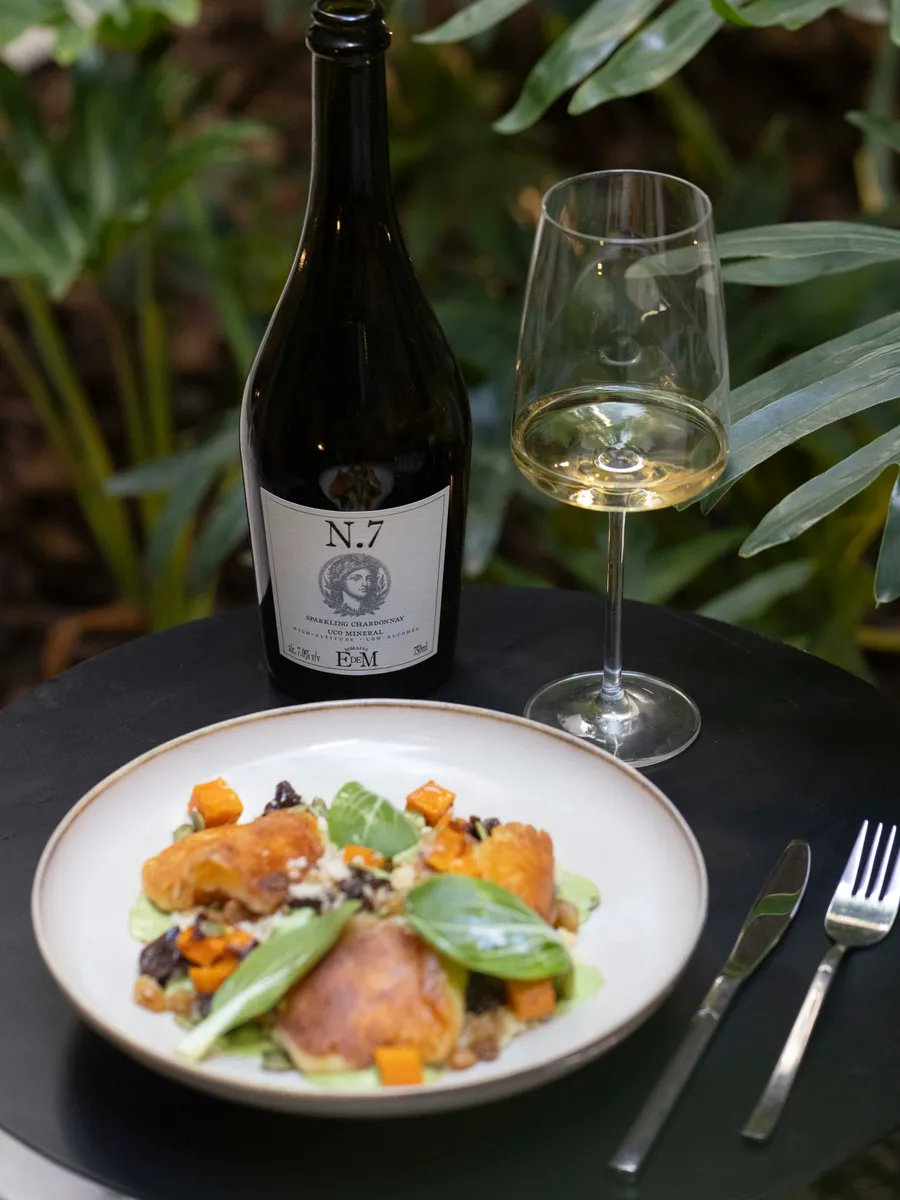 Bottle of UCO MINERAL with a glass and a plate of food